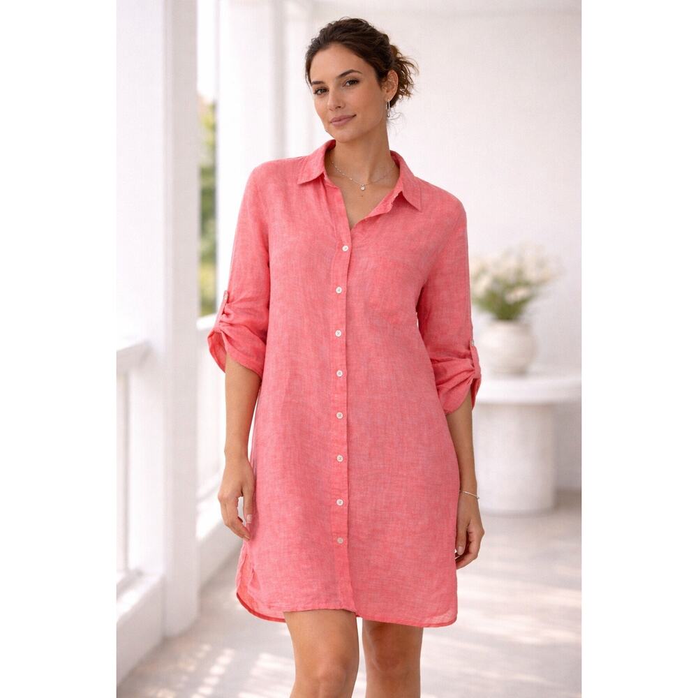 Finley Linen Shirt Dress Button Up Collared Small Coastal Lightweight Breathable